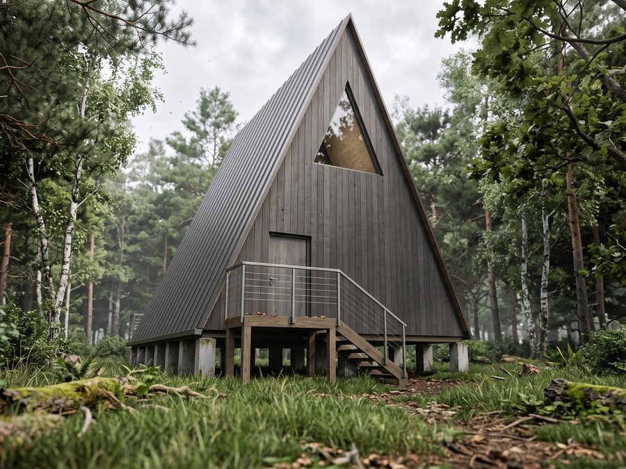 A-frame chata v lese — pohľad 2
